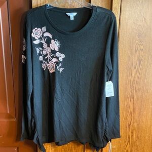 Time and Tru Black Long Sleeve Top with Pink Floral Embroidery
